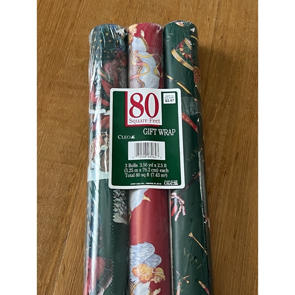 Vintage Cleo Christmas Gift Wrap 3 Rolls 80 Sq Ft NOS Wrapping Paper USA Santa